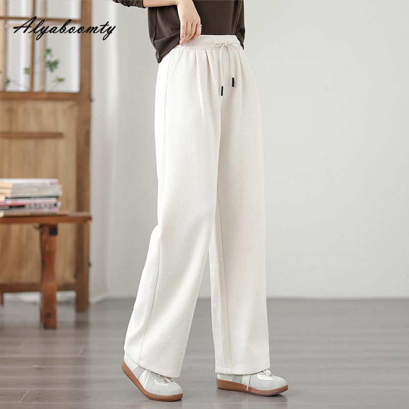 Plus Size Autumn Winter Women Thick Warm Pants High Waist White Grey Casual Loose Straight Trousers Drawstring Basic Ladies' Thicken Pants