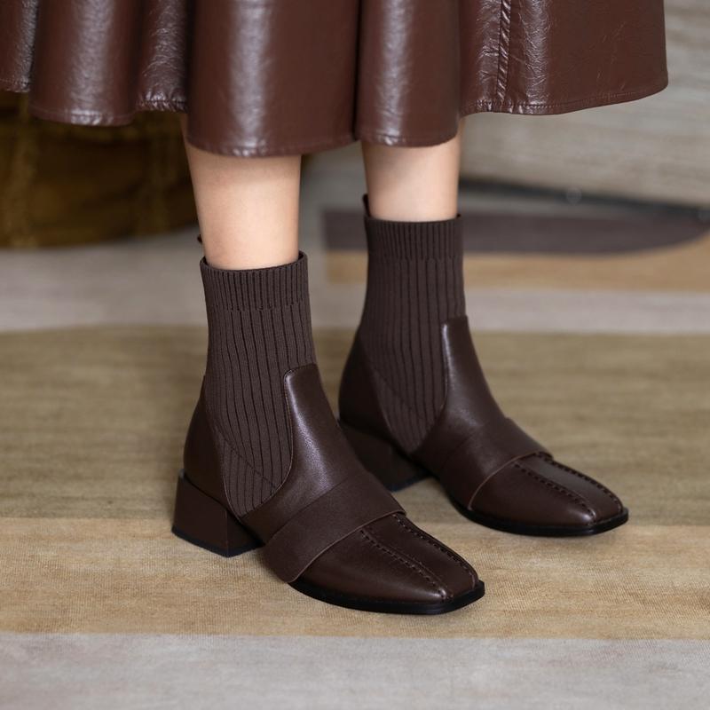 2024 New Women Boots Retro Square Toe Autumn Ankle Boots Square High Heel Cow Leather Elastic Band Short Boots Women Size 34-40