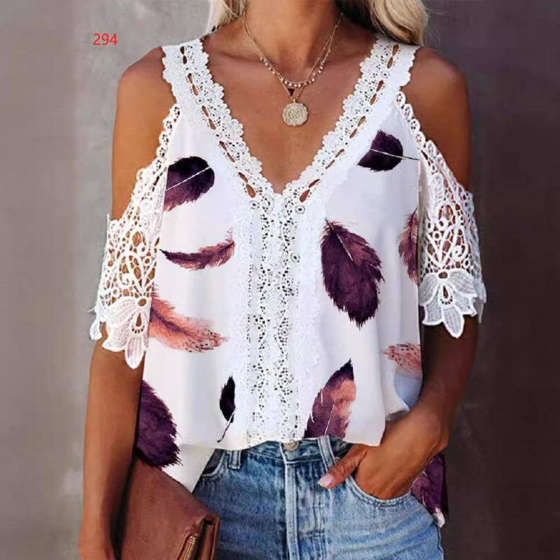 Fashion Loose Lace V-neck Short Sleeve White Shirt Women Elegant Plus Size Vintage Summer Blouses Women Tops Sexy Hollow Out Floral Print Shirts 26631