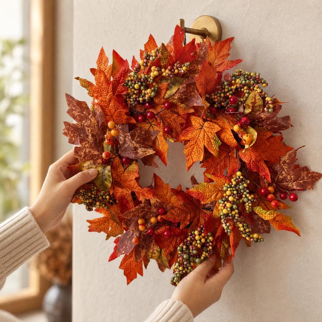 Door Wreath with Maple Leaves and Berries Artificial Fall Plump for Porch