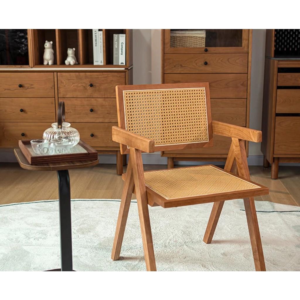 Mid-Century Rattan Chairs Living Room & Kitchen Wooden Chair with Hand-Woven Rattan Backres Home Leisure Chair
