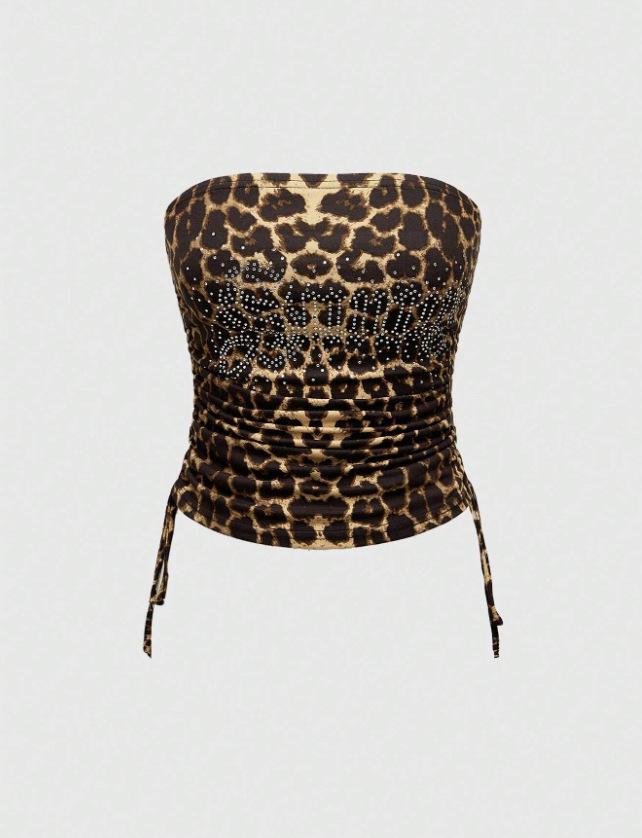 American Autumn Leopard Patchwork Y2K One-shoulder Strapless Backless Tank Top & Pants Set