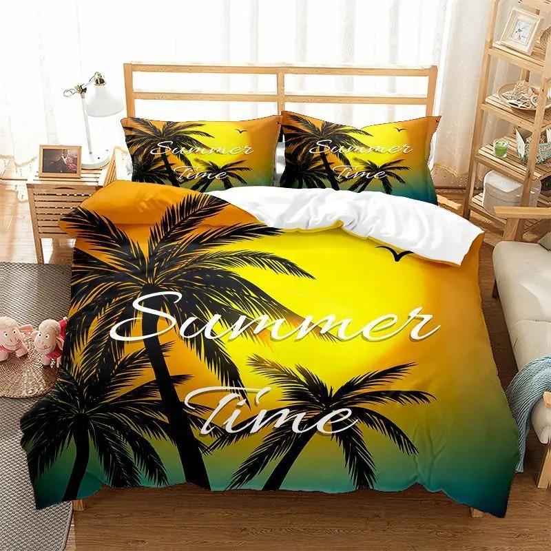 Beach Duvet Cover Twin King Size Microfiber Coconut Palm Trees Bedding Set Sunset Tropical Sandy Beach Landscape Comforter Cover