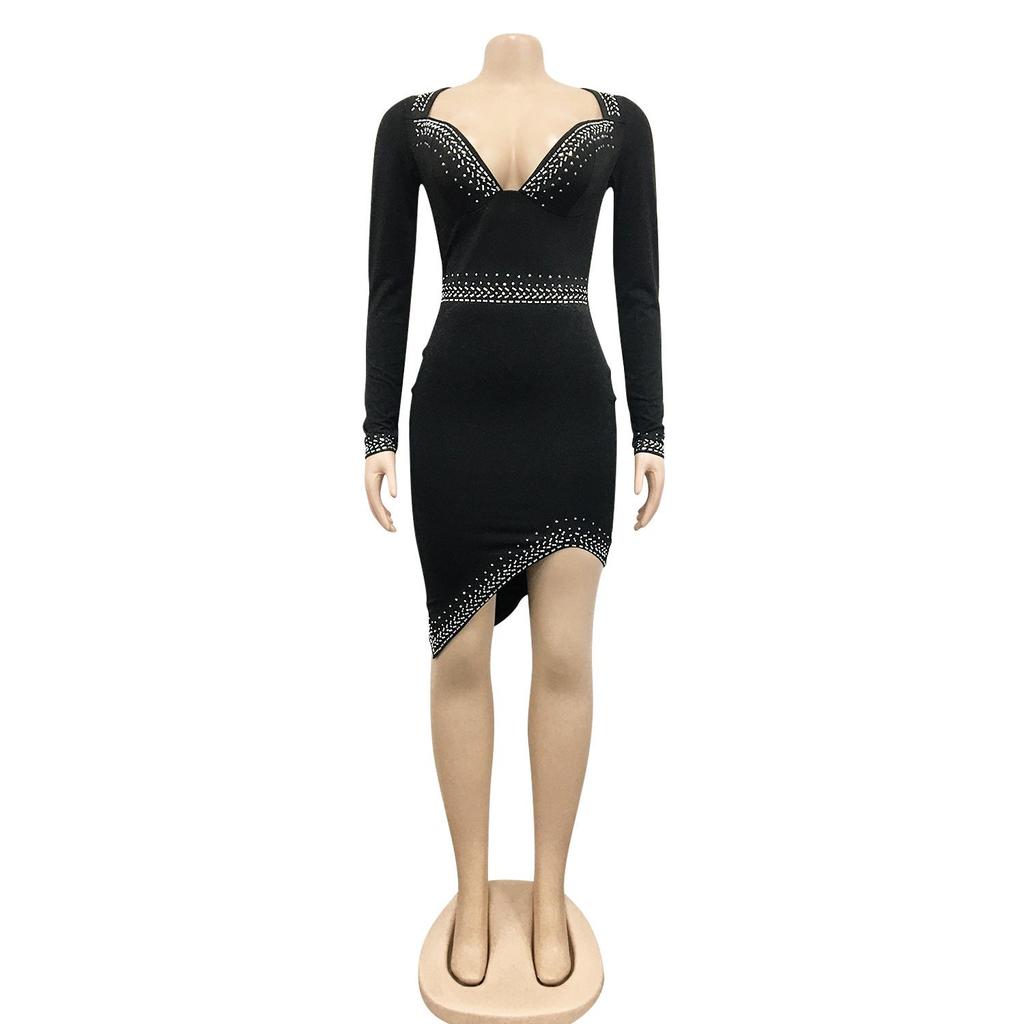 Rhinestone V-Neck Sexy Slit Long Sleeve Irregular Dress for Women