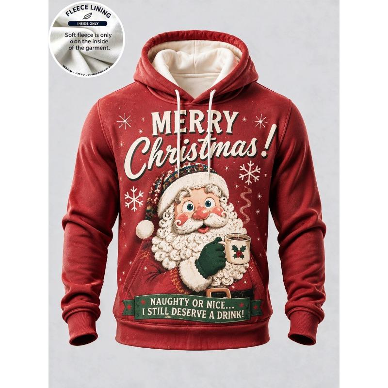 3D Print Christmas Fleece Hoodie Retro Santa With Coffee Cup Snowflake Pullover Long Sleeve Kangaroo Pocket Xmas Sweatshirt