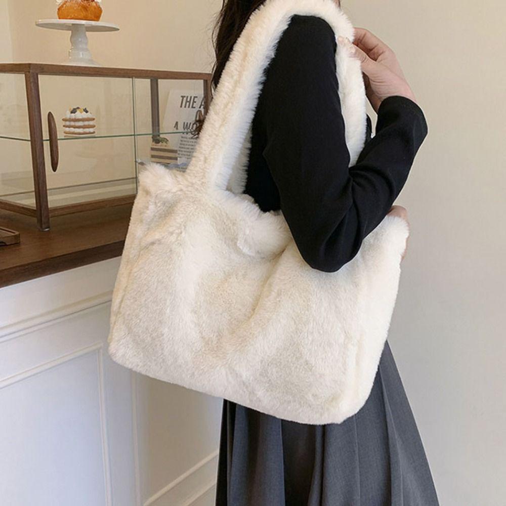 Cute Shoulder Bag Plush Shopper Bag Versatile Underarm Handbag  Female