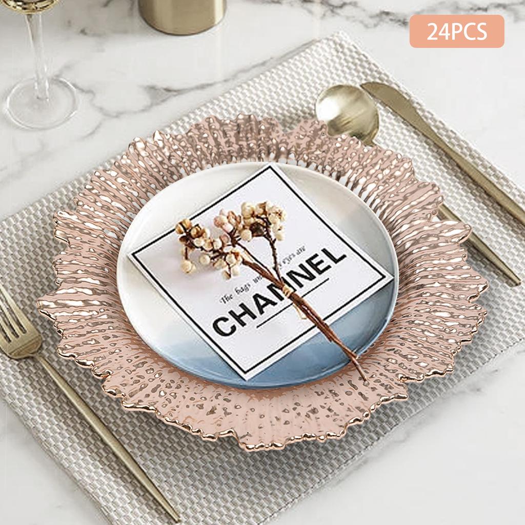 24pcs 12.6 Inch Round Plastic Charger Plates, Elegant Wedding & Party Decor, Rose Gold Snowflake Design, Dish Decor Placemats