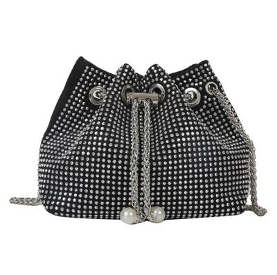 NICE SELECTION Women's Small Sparkly Drawstring Shoulder Bag with Chain, 2-Way Design, Perfect for Weddings and Parties (Glitter and Beads) (BLACK
