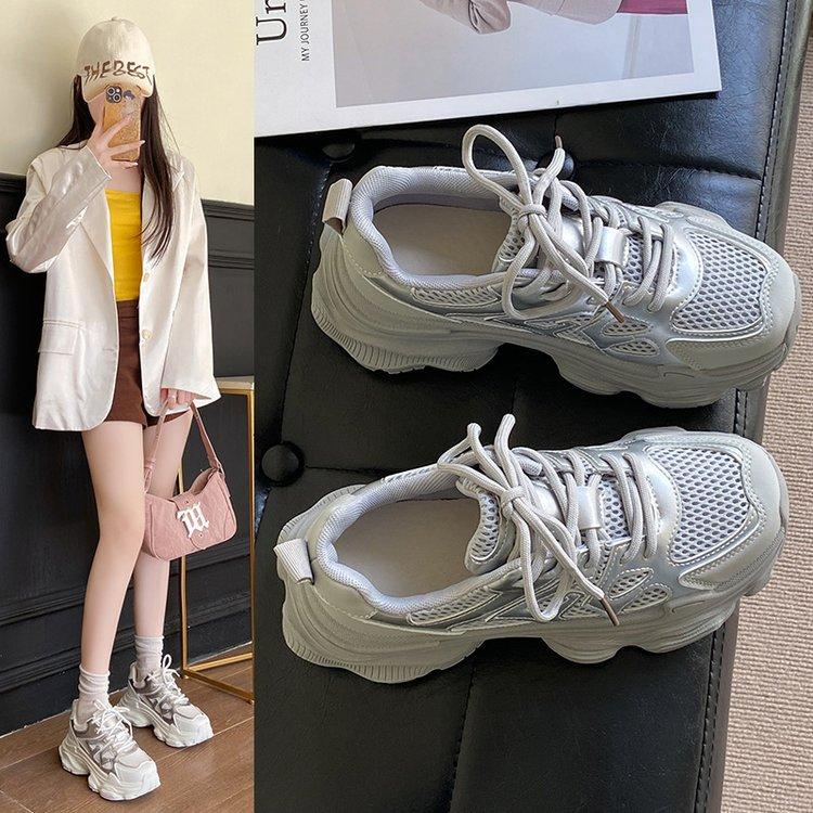 Dad Shoes Girl 2025 New Spring and Autumn Mesh Breathable Lightweight Heel Women's Shoes Fried Street Casual Sneakers