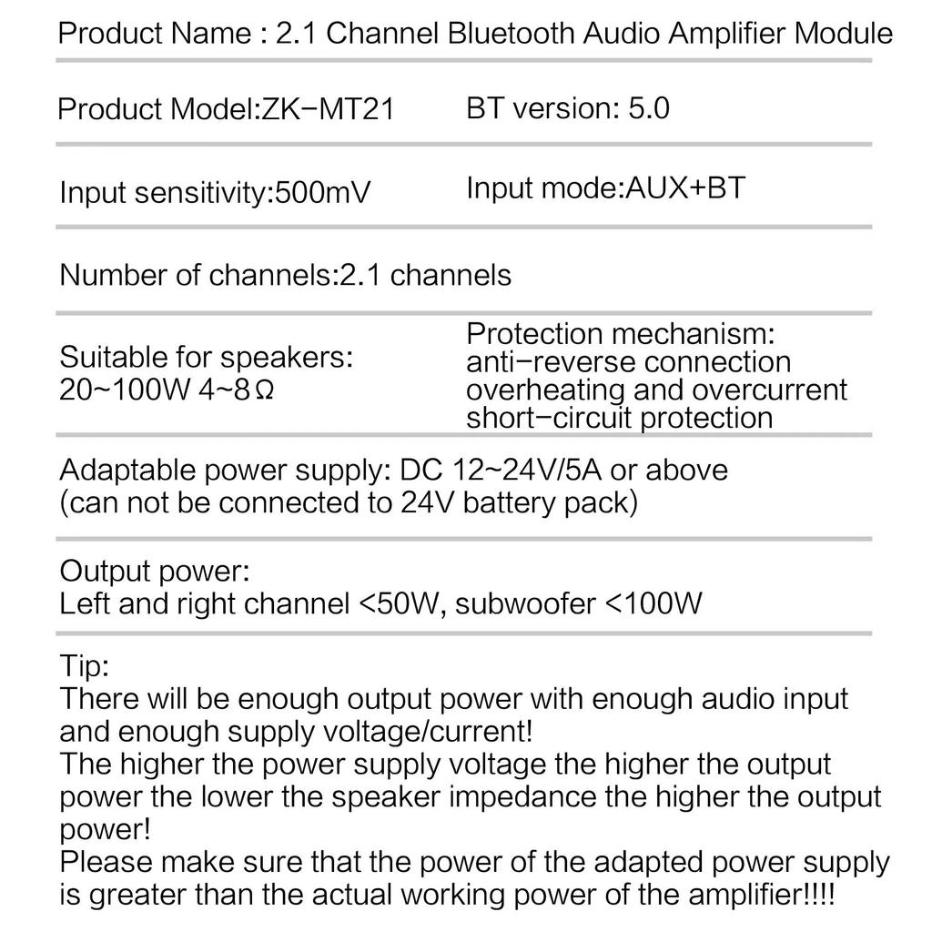 Bluetooth 2.1 Channel Power Amplifier 50W x2 100W Subwoofer 12V 24V Audio Module Bass Treble Control DIY Home Theater