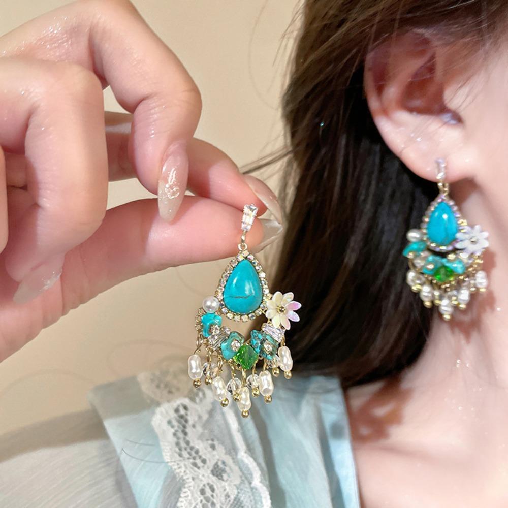 Turquoise Bohemian Turquoise Earrings Pearl Flower Shape Earrings Pendant  Lady Gifts