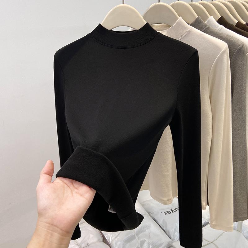 Autumn/Winter 2025 Women's Ribbed Half-High Neck Velvet-Lined Base Layer Shirt with Stand Collar