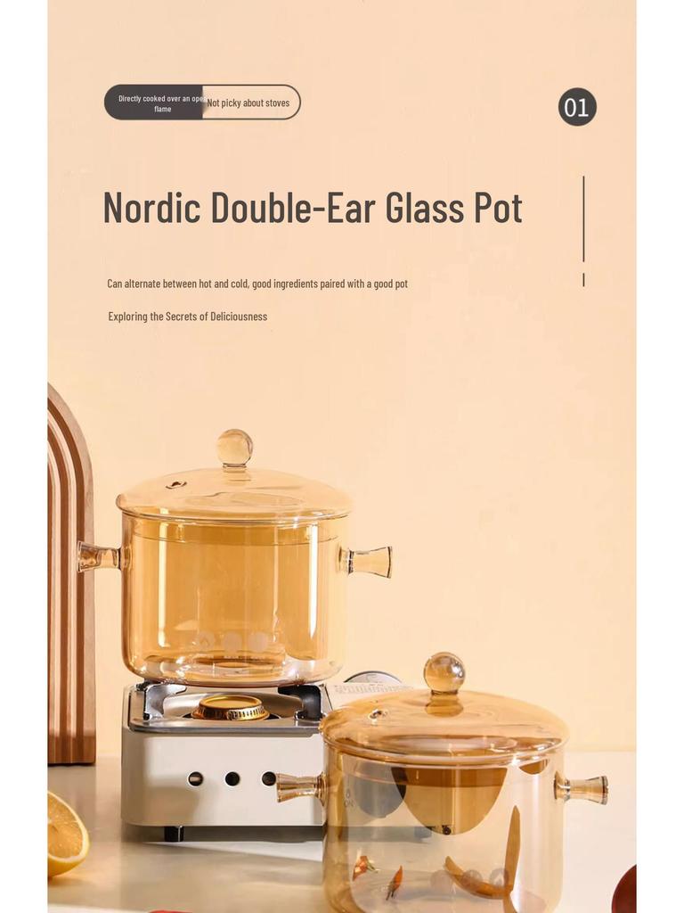 Oală de tocană din sticlă ambrată cu capac – Bol cu două urechi pentru tăiței pentru aragazuri ceramice/electrice