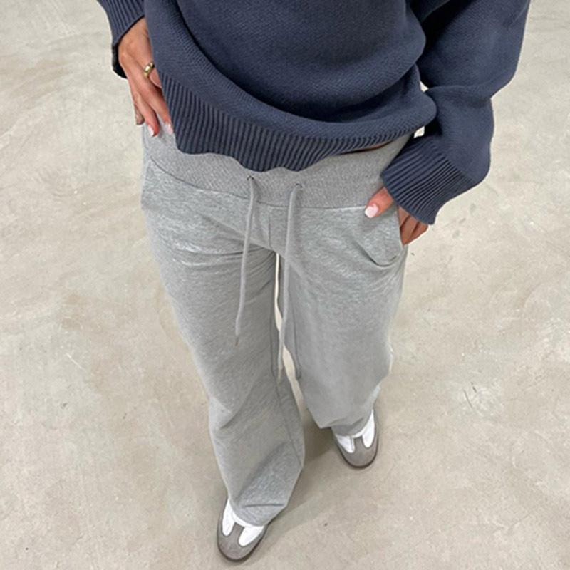 Fashion Solid Casual Sweatpants Women Pockets Low-Waisted Straight Lge Pants Spring Autumn Drawstring Basic Trouser