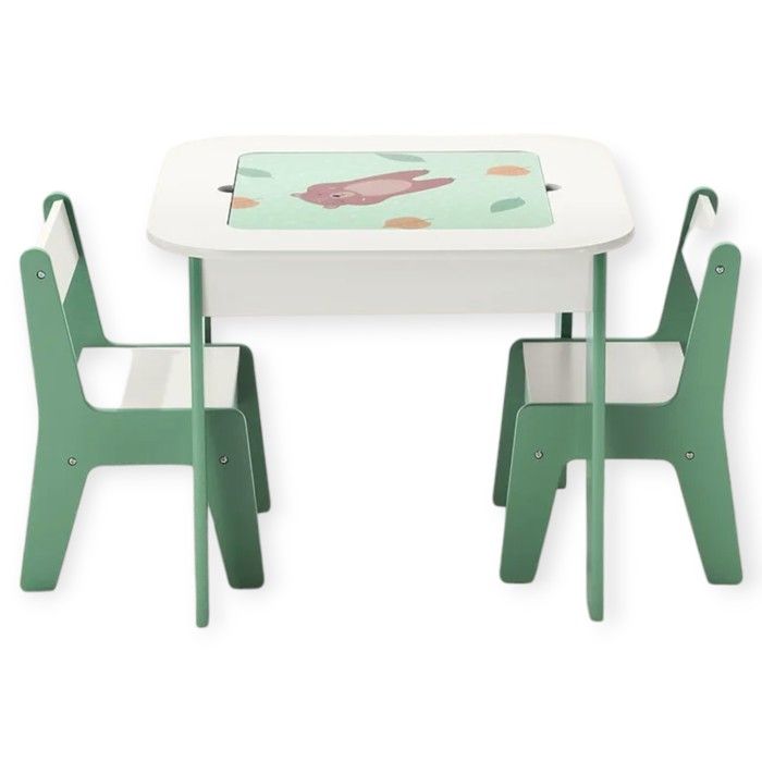 GINGER HOME Kindertisch 4-in-1 mit 2 Stühlen – Wendbare Tischplatten, Tafel & Blöcke Typ LEGO – Design WALD