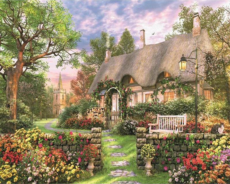 5D DIY Diamond Painting New Landscape Spring Rural House Diamond Embroidery Cross Stitch Flower Branches Dog Animal Rhinestones Mosaic Home Decor