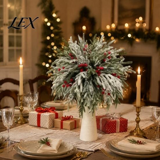 Artificial Flower Arrangements for Indoor 20Pcs Christmas Norfolk Pine Picks, Flocked Snow Branches with Tree Ornaments Atmosphere Red Berries,