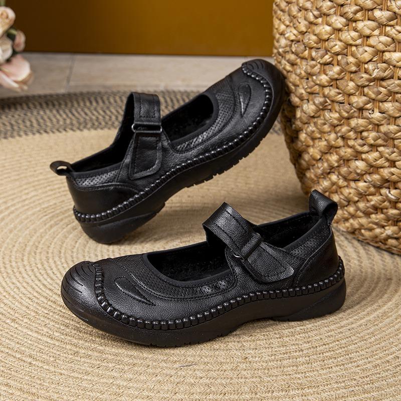 Autumn First Layer Cowhide Medium and Old Shallow Mouth Single Shoes Women's Handmade Retro Style Flat Bottom Beef Tendon Soft Sole Mother Shoes