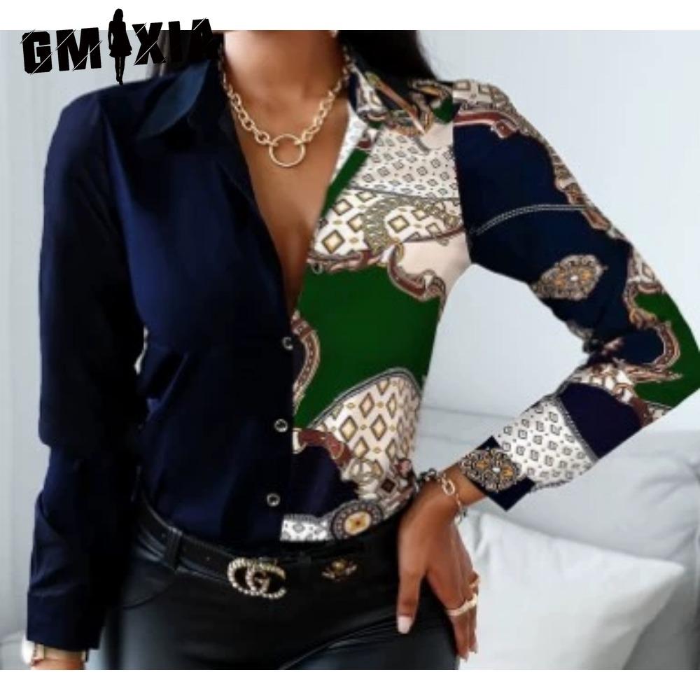 GMXIA Women's Fashion Casual Solid Color Print Long Sleeve POLO Neck Blouses & Shirts
