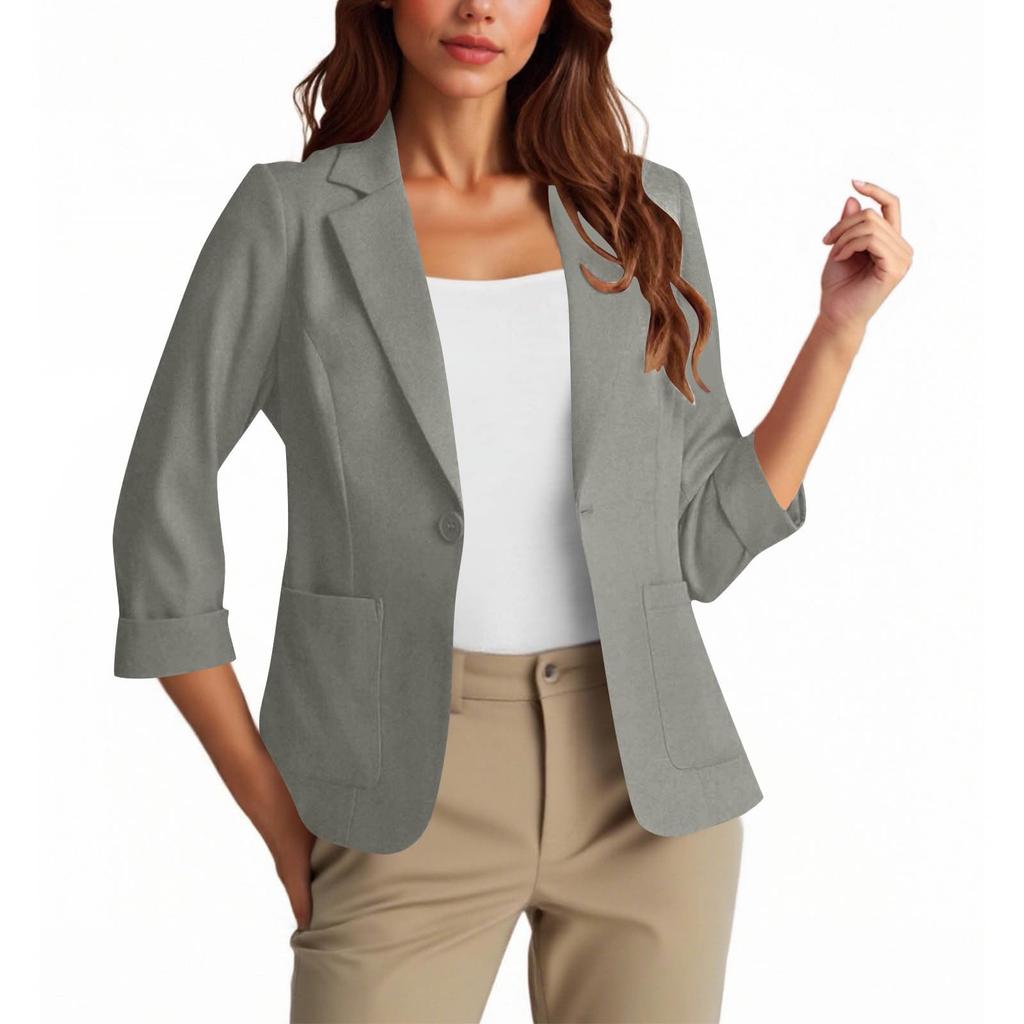 Womens Casual 3/4 Sleeve Blazers Open Front Solid Color Lapel Collar Work  Business Suit Jackets