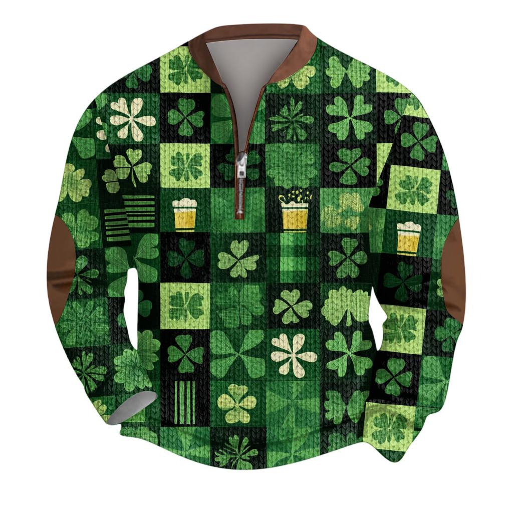 Mens Christmas Sweater Zip Up Sweatshirts Vintage Knit Graphic Sweatshirt St. Patrick's Day Stand Collar Pullover
