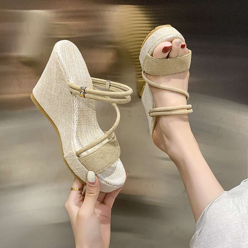 2025 Summer New Super High Heel Two Wear Shoes Wedge Heel Sandals Women's Versatile Platform Muffin Shoes Word with Cool Slippers