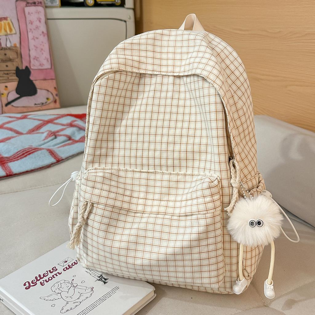 Schoolbag casual large capacity backpack ins style fashion girl Korean version plaid simple college student schoolbag travel backpack