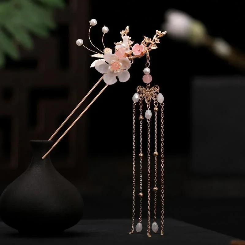 Ancient Chinese Style Women Long Tassel Step Shake Flower Hairpins Clips Hair Combs Earring Jewelry Elegant Headwear for Girls