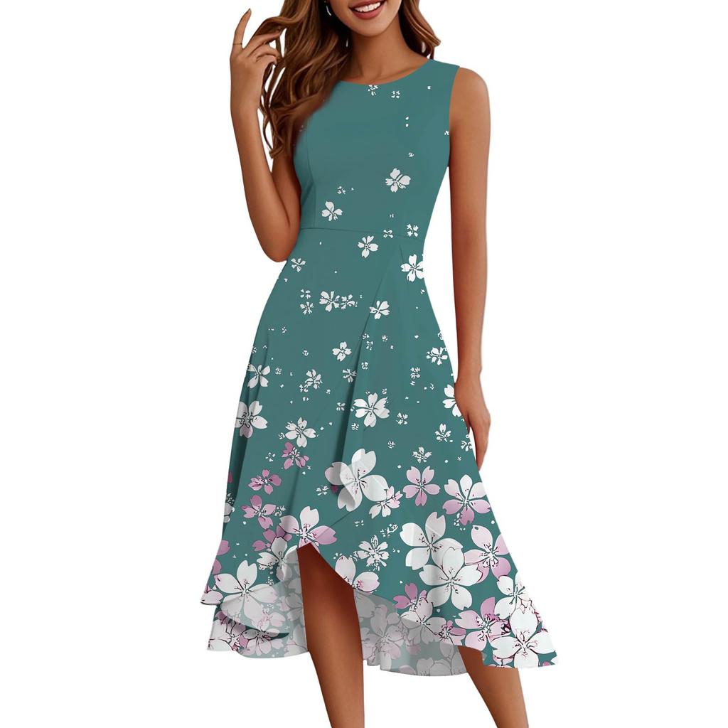 Damenmode Lässig Reißverschluss Ärmellos Rundhals Bedruckt Elegant Temperament Rüschenkleid Kleider