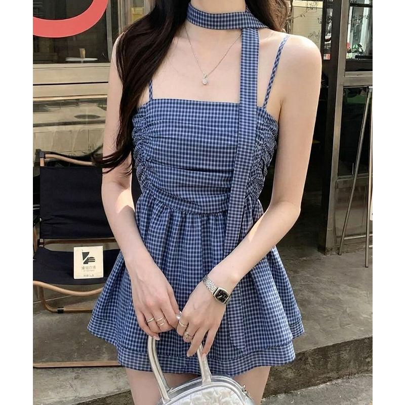 #French blue plaid sling vest women's summer new design sense niche streamer chic top