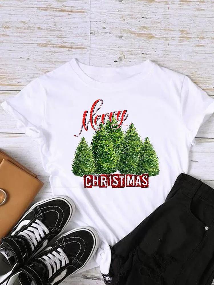 Christmas Womens Round Neck Short Sleeved Christmas Tree Reindeer Print Womens Loose Oversized Comfortable White Tshirt