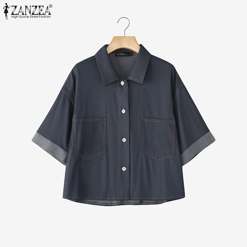 ZANZEA Women Turn Down Collar Summer Short Sleeve Blouse