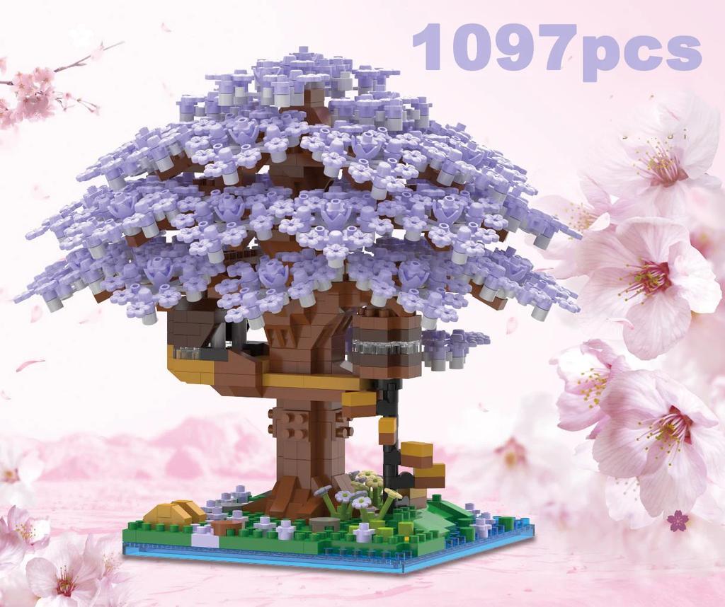 Diy Purple Romantic Cherry Blossom Flower Pink Tree House Assembly Building Blocks Classic Model Miniature Bricks Sets Kid Gifts
