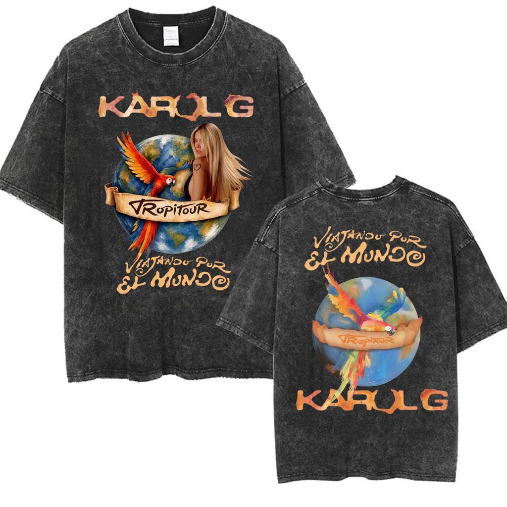 Karol G Tropicoqueta Tour New Album Vintage Washed T Shirts Men Women Fashion Aesthetic Tshirt Casual Cotton Loose T Shirt