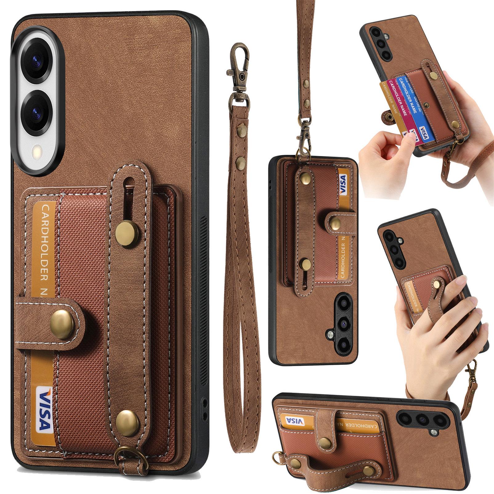 

For Samsung Galaxy S25 Edge Retro PU Leather Back Cover with Card Holder and Wristband Kickstand Brown