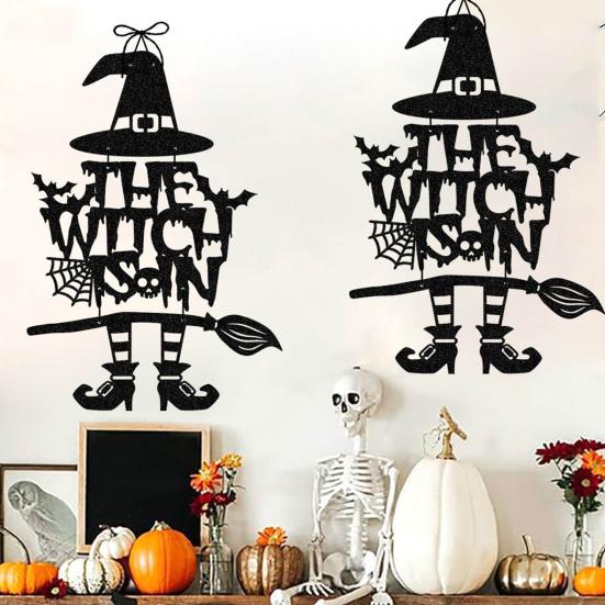 Halloween Witch Door Sign Spooky Witch Leg Hat Broomstick Front Door Hanging Decor Farmhouse Witch Welcome Sign for Home Wall Indoor Outdoor Decor