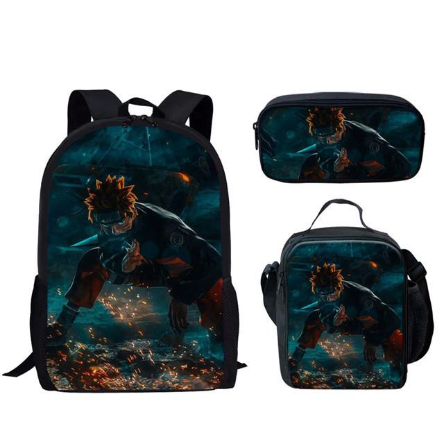 Naruto Printed Kids School Backpack Lunch Bag Pencil Case Set With Nylon Material For Children