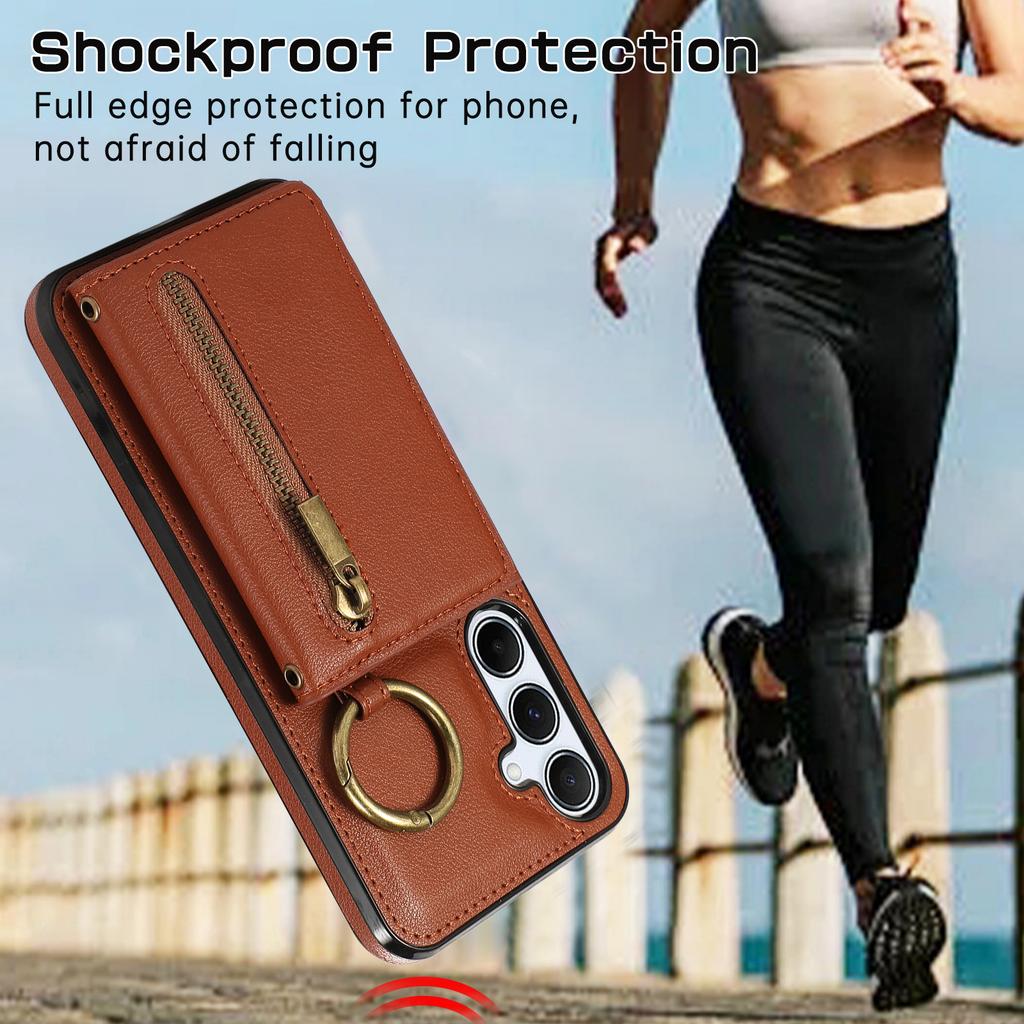 For Samsung Galaxy A16 4G Leather Back Cover Zipper Wallet Kickstand Phone Case with Shoulder Strap
