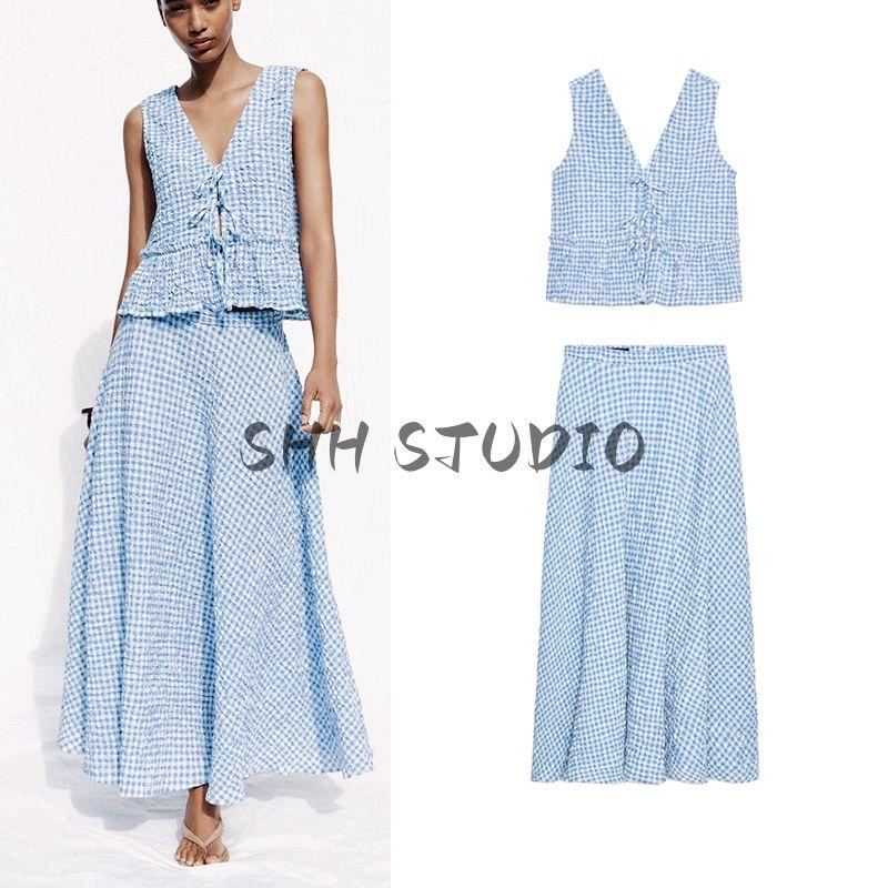 Bows Series Elegance Sleeveless V Neck Tops 8741094 Small Plaid Midi Skirt Cape Skirt 8741804