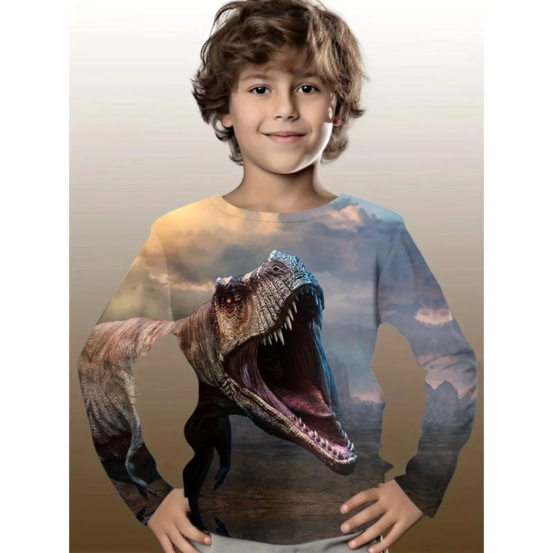 Vêtements pour enfants T-shirt garçon Manches longues Imprimé dinosaure dessin animé 3D Haut