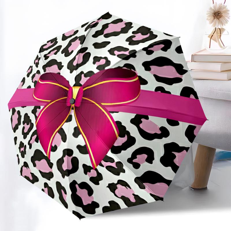 1pc Sturdy 8-Bone Auto Umbrella, Leopard Print Bow Umbrella, Digital Printed, Foldable Umbrella for On-the-Go Outdoor Use
