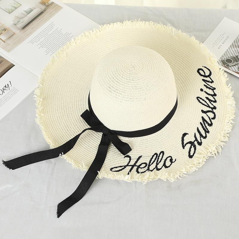 Straw Hat Women Bow Big Eaves Hat Dome Sun Protection Beach Seaside Outdoor English Letter Face Visor