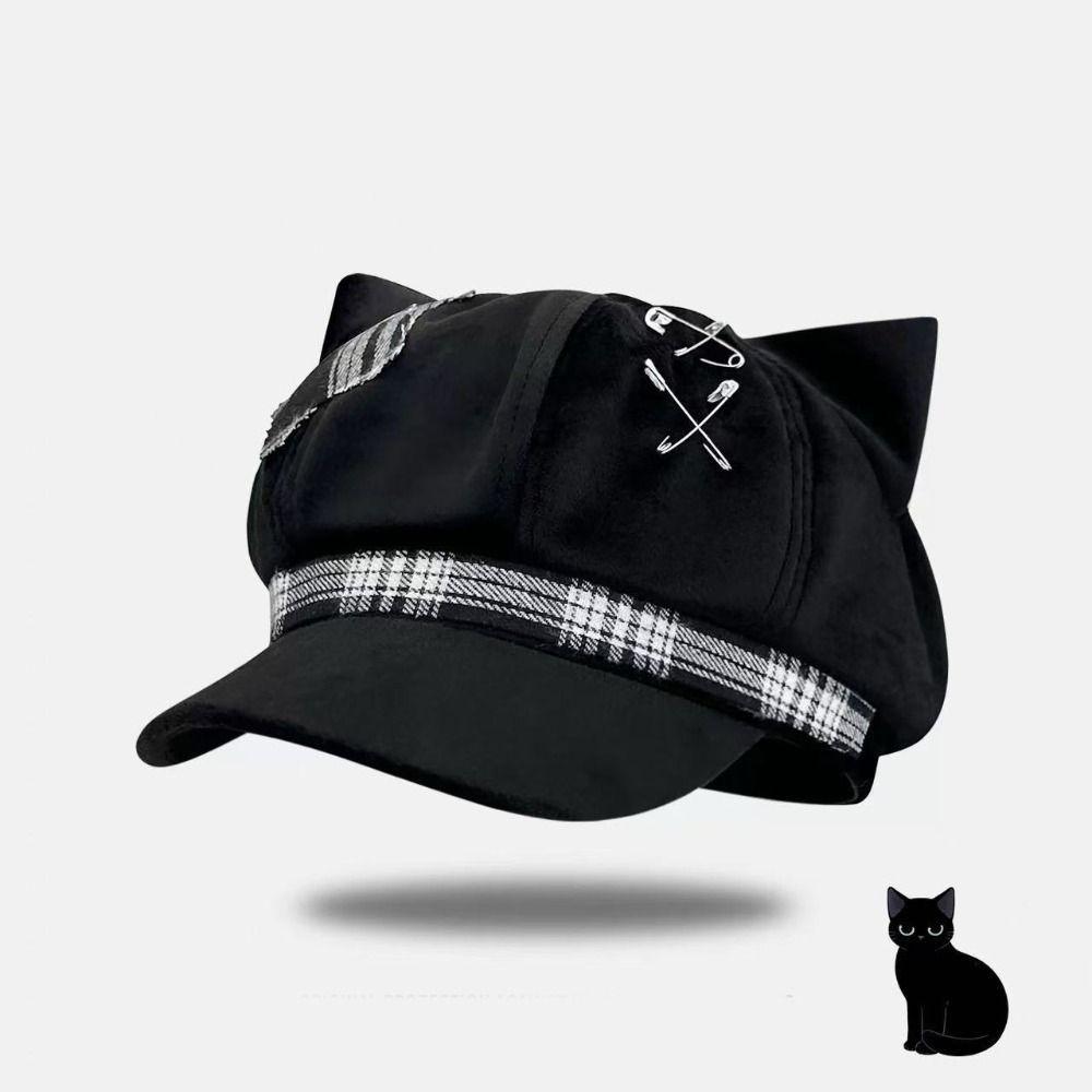 Y2K Plaid Octagonal Hat Irregular Painter Artist Cap Fashion Cat Ears Beret Hat Travel