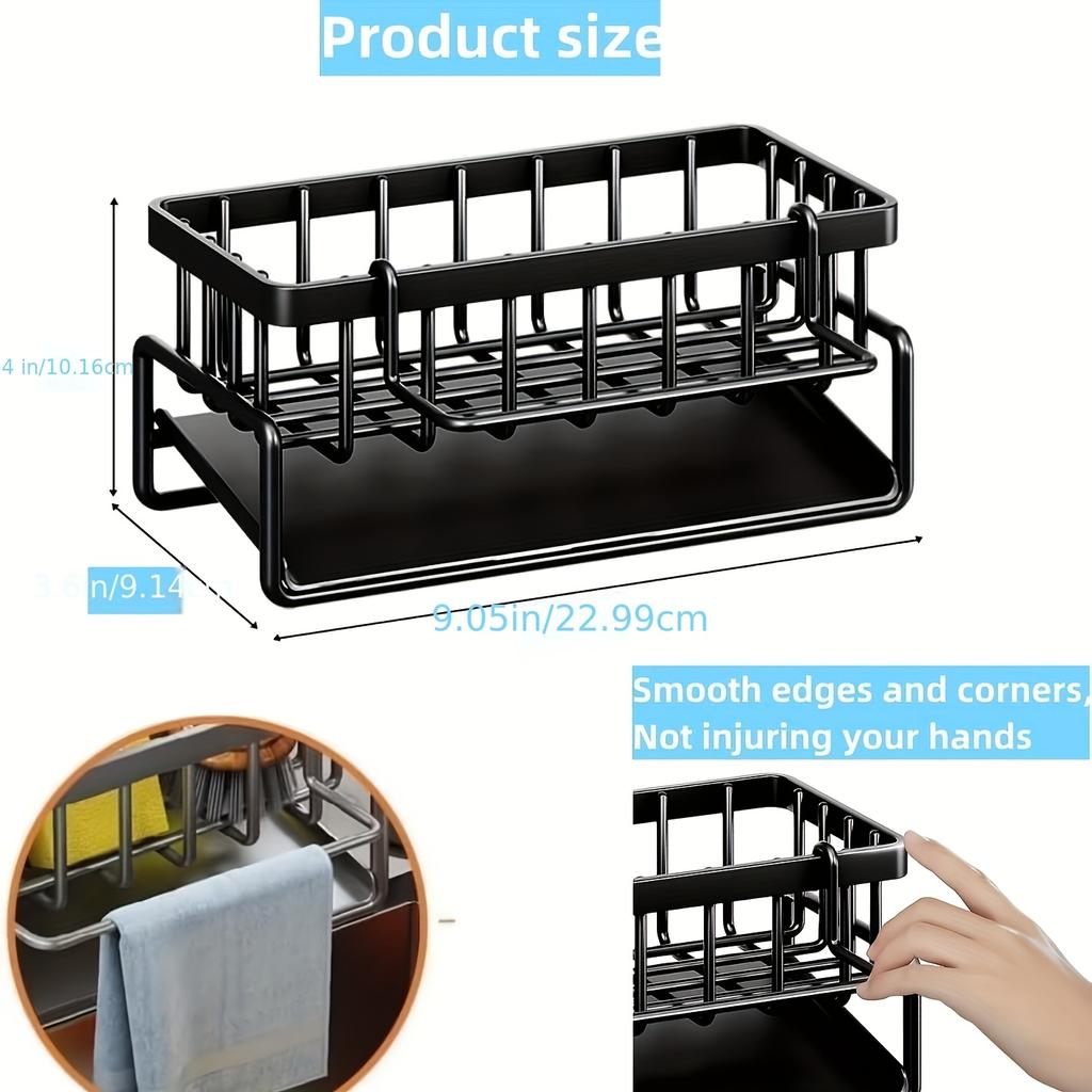 1pc Multifunctional Waterproof Plastic Sink Organizer Space-Saving Storage for Sponges, Brushes, Towels - Durable Black Plastic Design