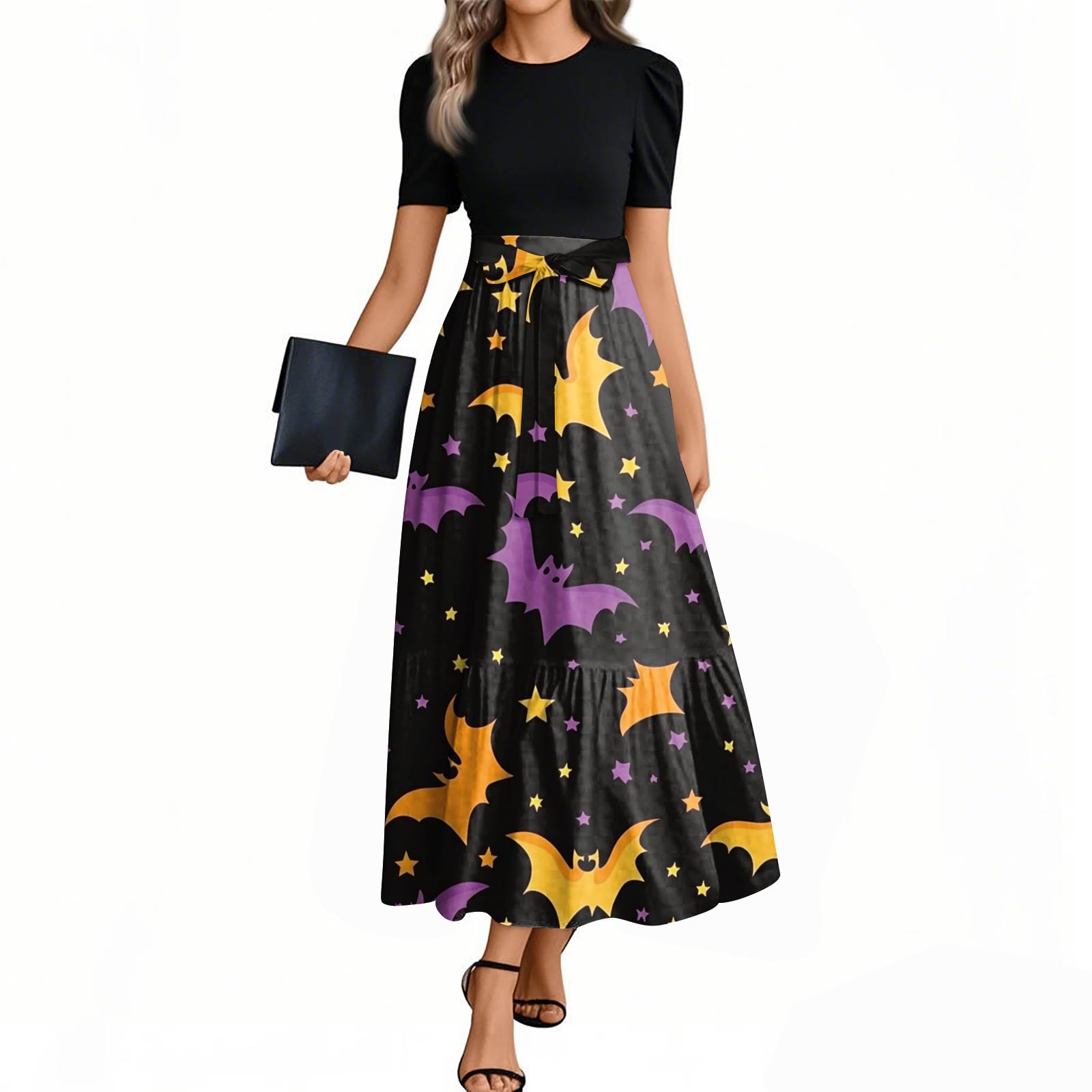 

Женское модное повседневное платье с поясом, с коротким рукавом, круглым вырезом и элегантным принтом на Хэллоуин M