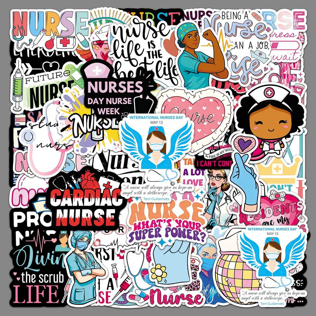 50 Waterproof Nurse's Day Stickers: Festival Characters & English Graffiti Designs for Decorating Fridges, Earphones, and Journals.
