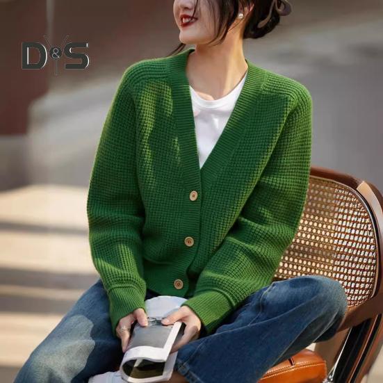 Women Sweater Coat V-Neck Long Sleeve Ribbed Trim Knitting Outwear Solid Color Loose Fit Tops Travel Streetwear