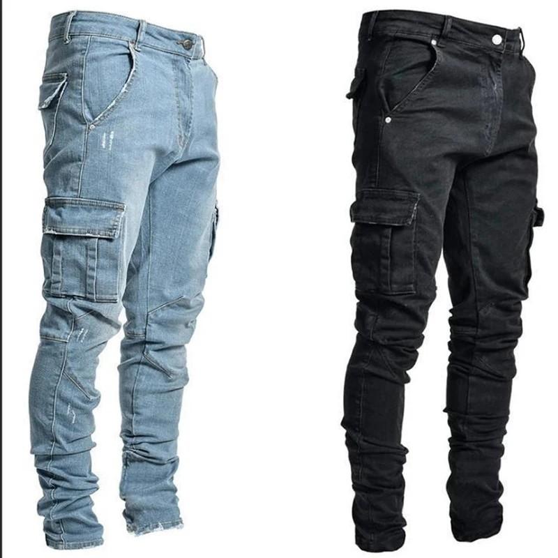 Nye Jeans Herrebukser Vask Ensfarget Multi Lommer Denim Mellomhøyde Midje Cargo Jeans Pluss Størrelse Mote Fritidsbukser Mannlig Hverdagsklær