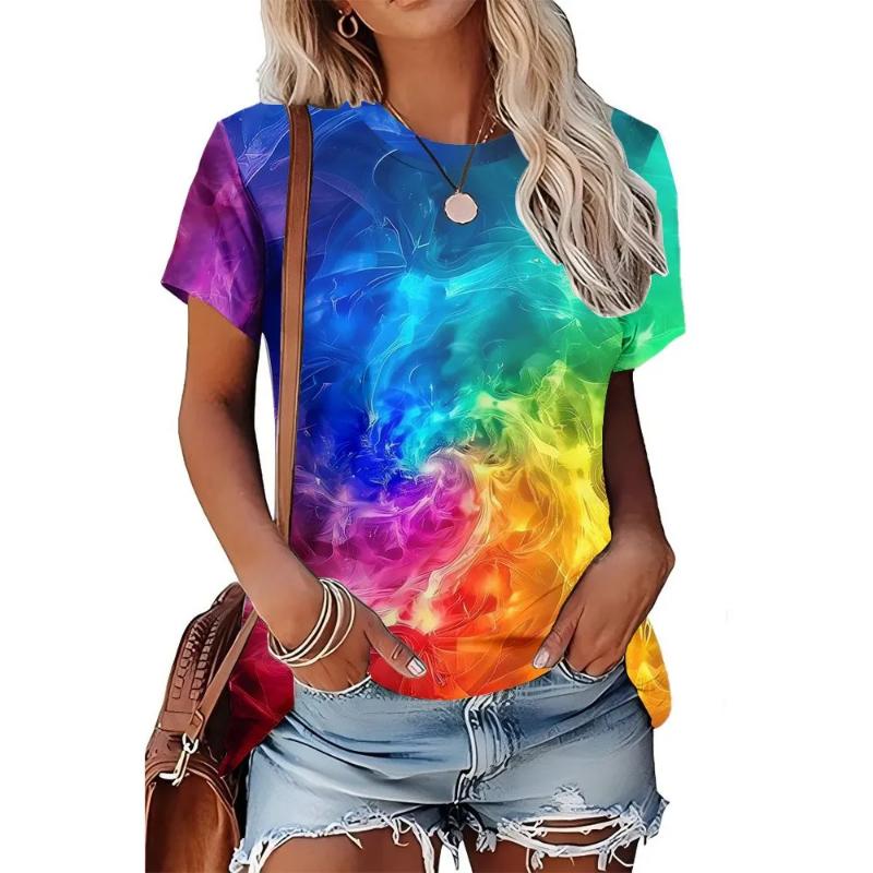 Modisches Damen Rundhals Kurzarm 3D Lässiges Farbprint Lässiges Kurzarm Rundhals T-Shirt