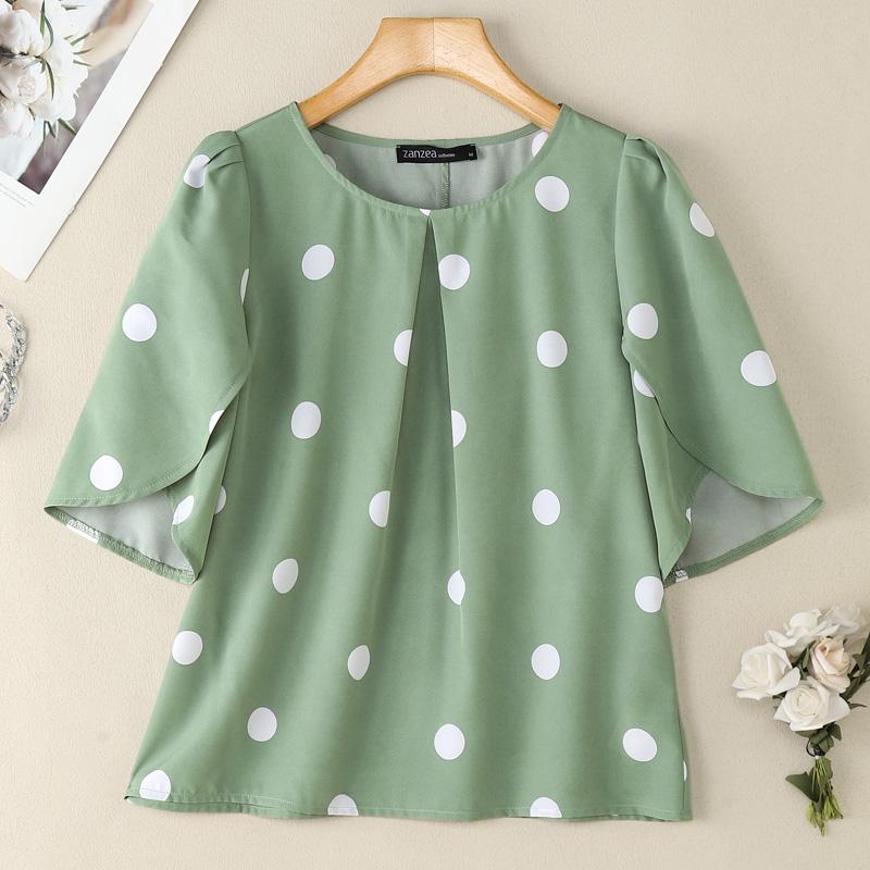 ZANZEA Γυναικείο Καθημερινό Καλοκαιρινό Μπλουζάκι με Στρογγυλή Λαιμόκοψη, Κοντό Μανίκι και Πουά